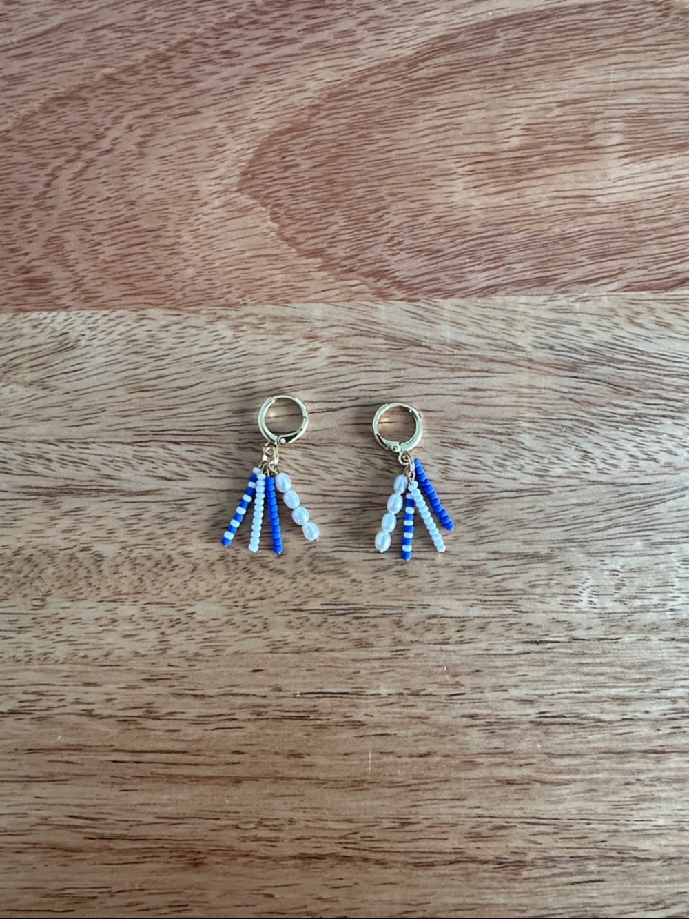 Gold Hoop Earrings with Blue and White Bead Tassels